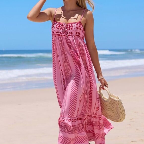Bohemian Pink and Red Printed Maxi Dress - Picture 6 of 15